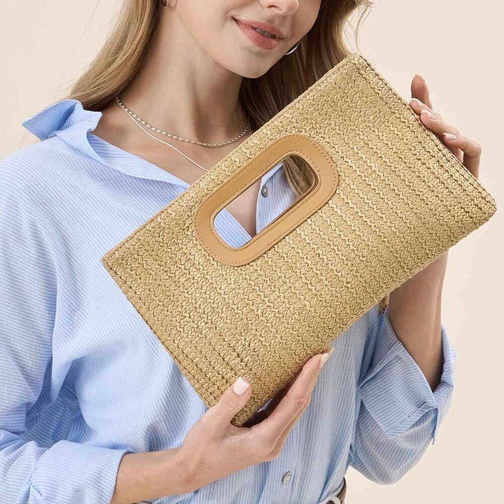 Chic Straw Clutch Purses for Women with Top Handle Summer Bag, Ideal Vacation Ha - Picture 5 of 6